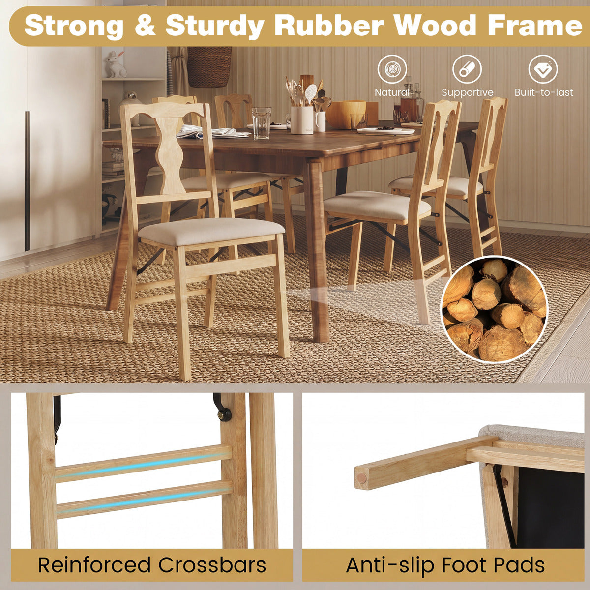 Set of 2 Folding Dining Chairs with Soft Padded Seat and Smooth Solid Backrest-Beige