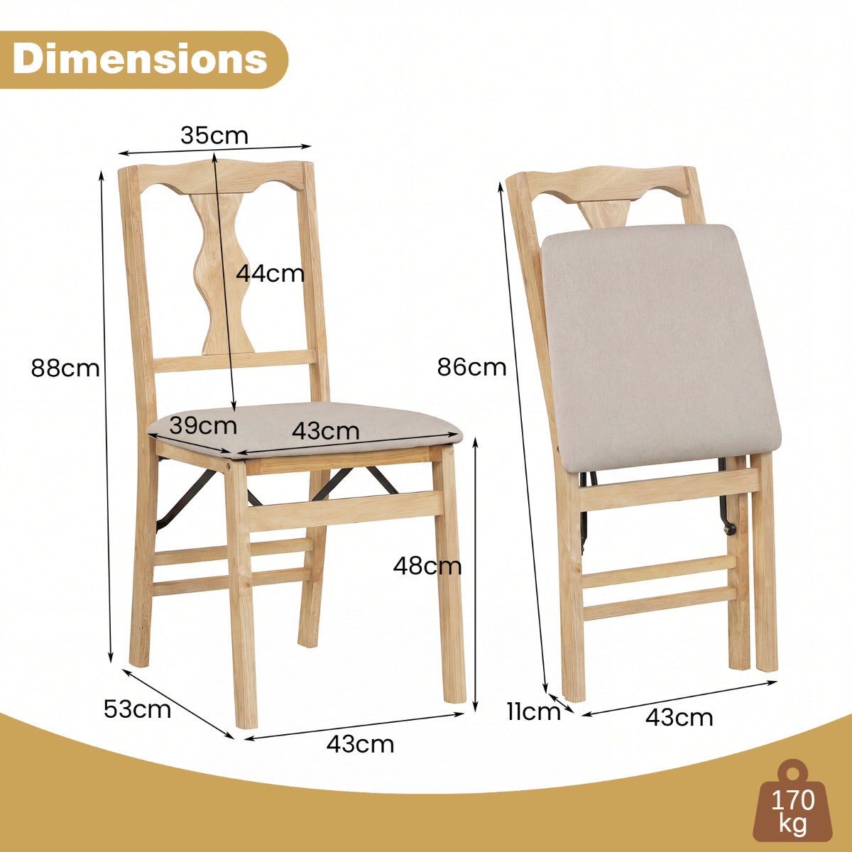 Set of 2 Folding Dining Chairs with Soft Padded Seat and Smooth Solid Backrest-Beige