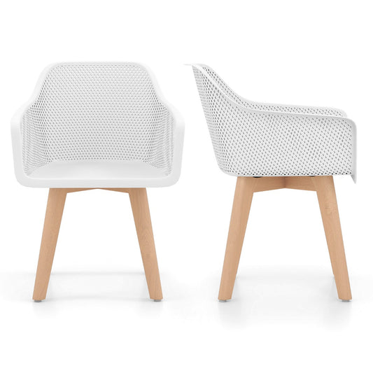 Set of 2 Modern Plastic Dining Chairs with Wood Legs-White