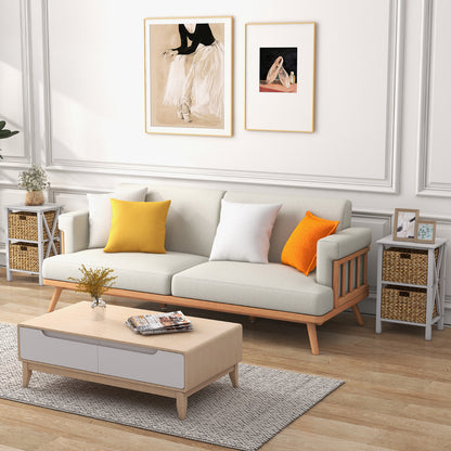Set of 2 Nightstands Drawer Sofa Side Table with Seagrass Baskets-White-2-Tier