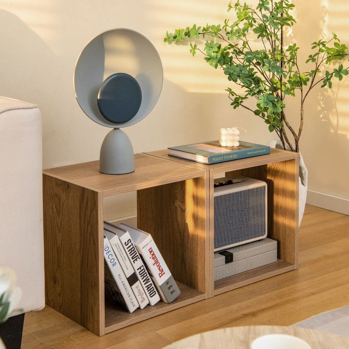 Set of 2 Bookcase Stackable Nightstand with Storage Cubes-Natural
