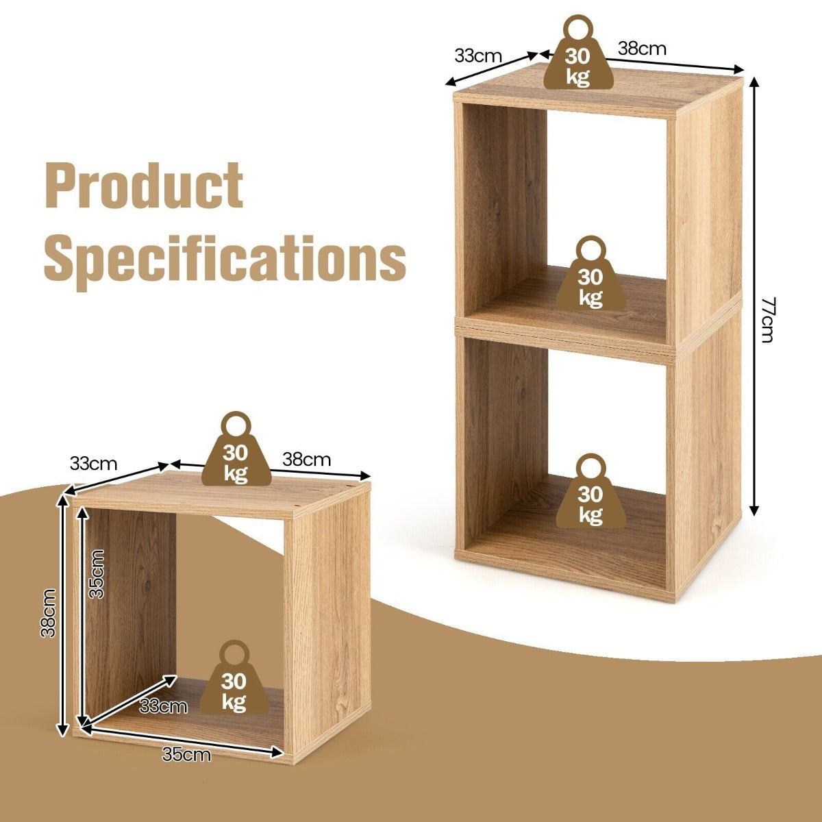 Set of 2 Bookcase Stackable Nightstand with Storage Cubes-Natural