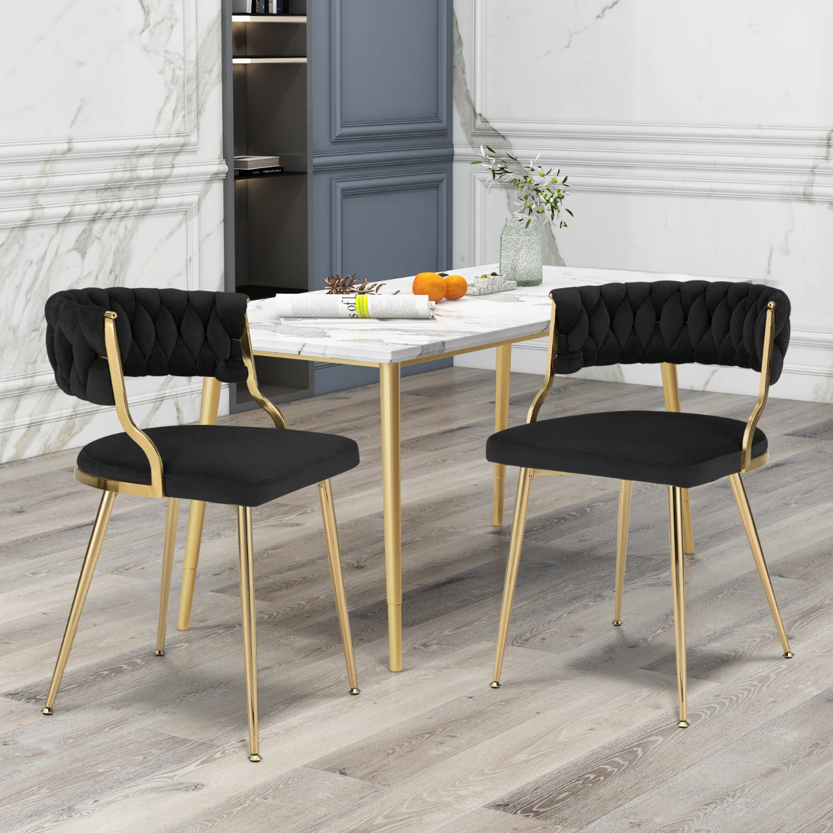 Set of 2 Velvet Dining Chair with Metal Legs and Woven Back-Black