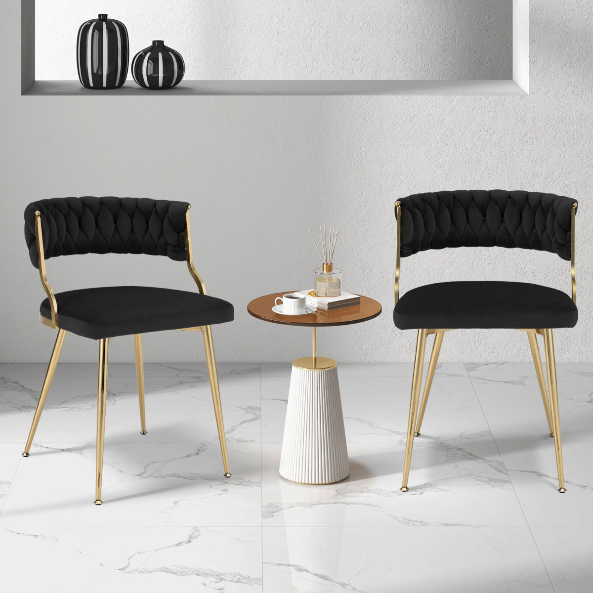 Set of 2 Velvet Dining Chair with Metal Legs and Woven Back-Black