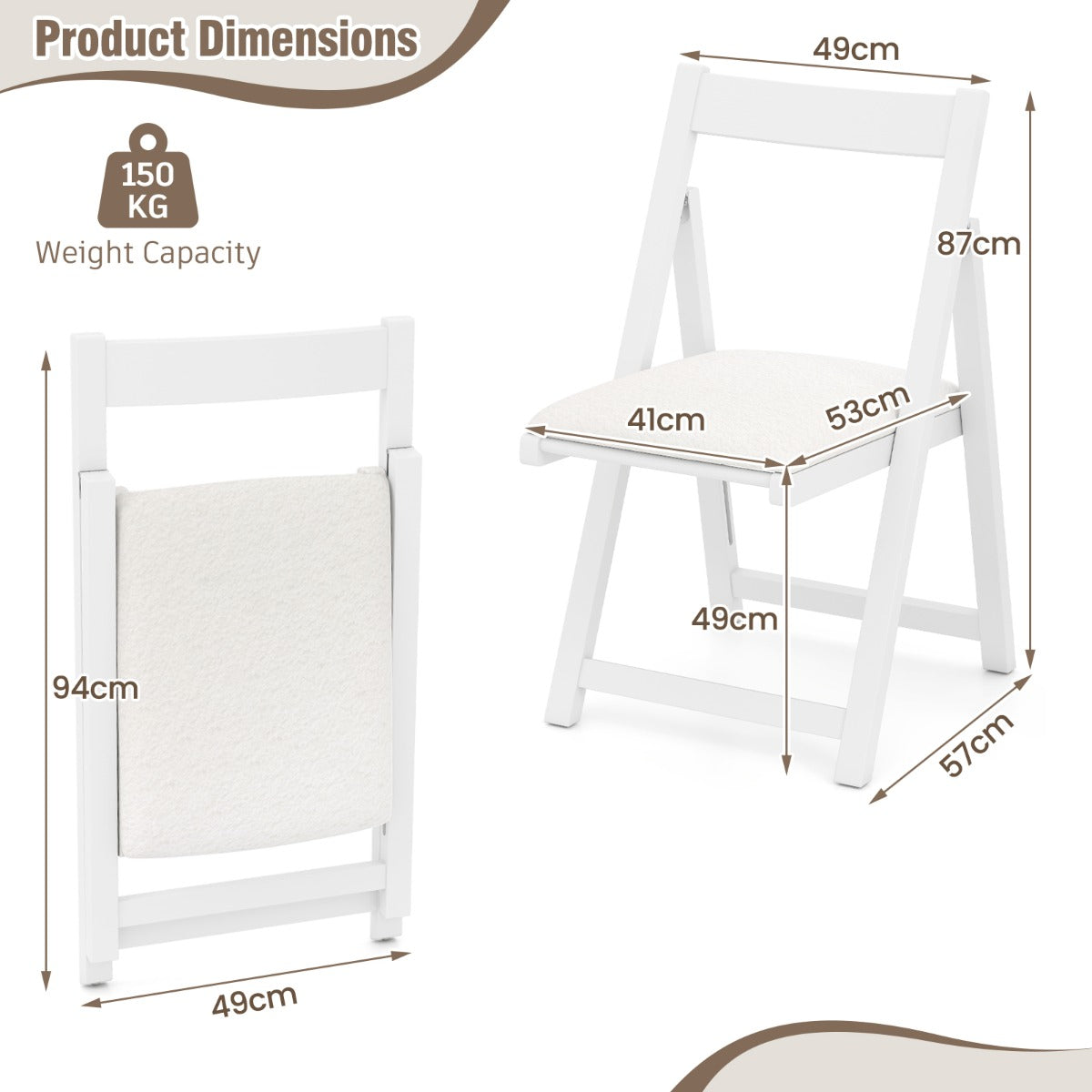 Set of 4 Foldable Dining Chair with Padded Seat and Curved Backrest-White