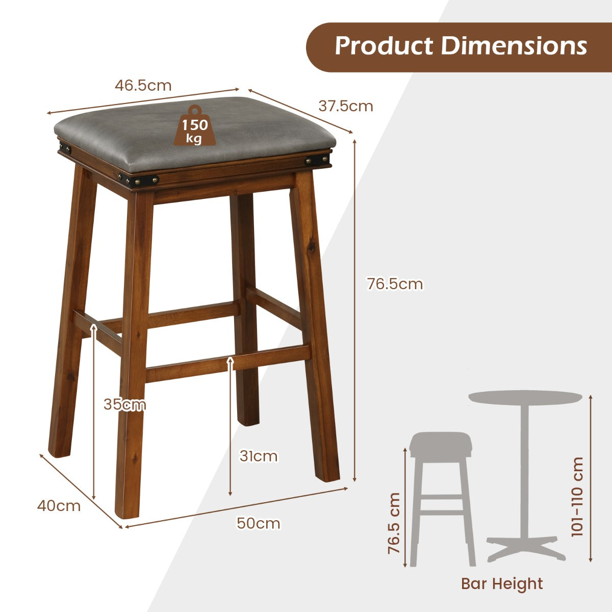 Set of 4 Upholstered Bar Stool 76cm Backless Height Bar with Footrest-Brown