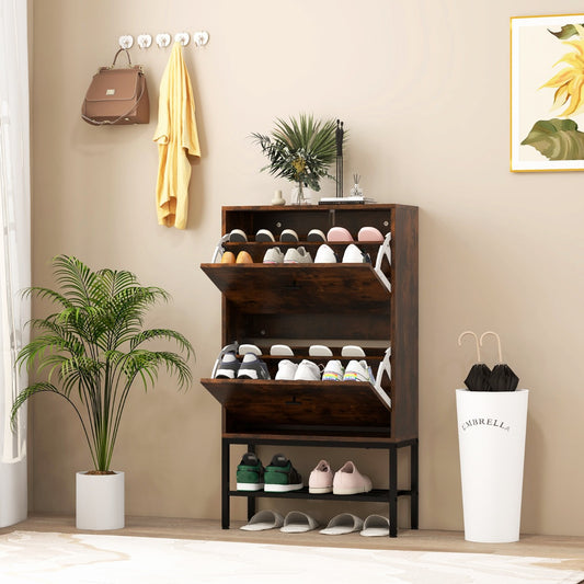 Shoe Storage Cabinet with 2 Flip Drawers and Adjustable and Removable Shelves-Rustic Brown