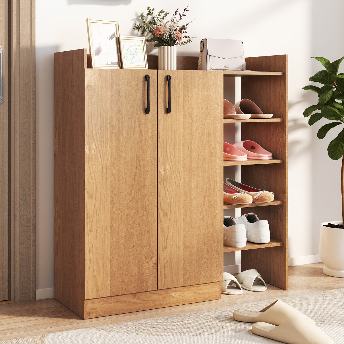 Shoe Storage Organizer with 2 Adjustable Inner Shelves and 4 Open Shelves-Natural
