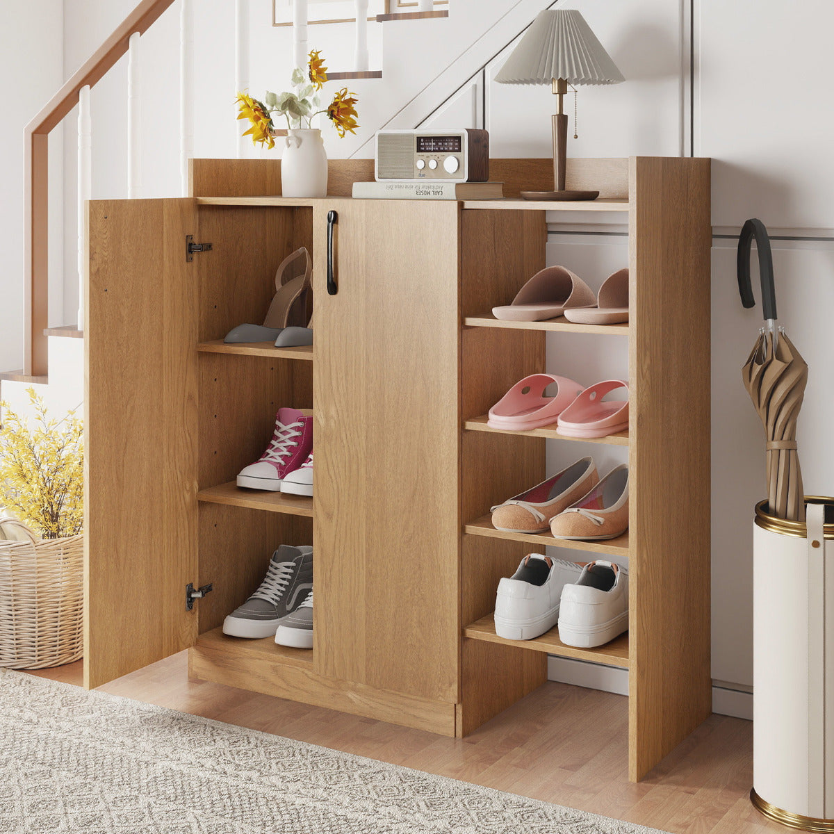 Shoe Storage Organizer with 2 Adjustable Inner Shelves and 4 Open Shelves-Natural