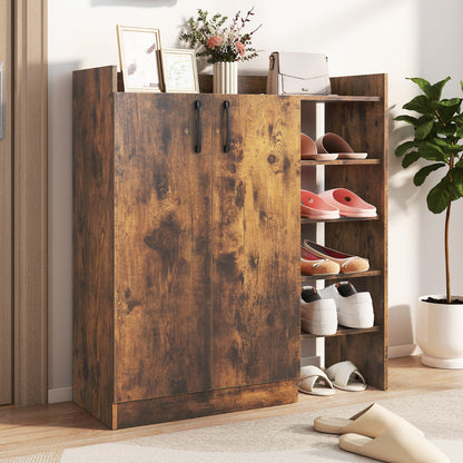 Shoe Storage Organizer with 2 Adjustable Inner Shelves and 4 Open Shelves-Rustic Brown