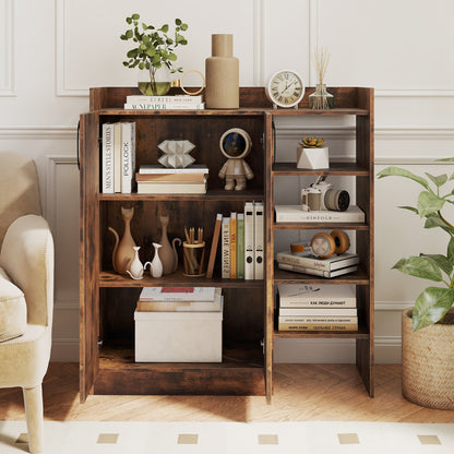 Shoe Storage Organizer with 2 Adjustable Inner Shelves and 4 Open Shelves-Rustic Brown