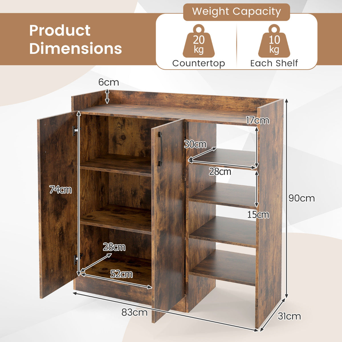 Shoe Storage Organizer with 2 Adjustable Inner Shelves and 4 Open Shelves-Rustic Brown
