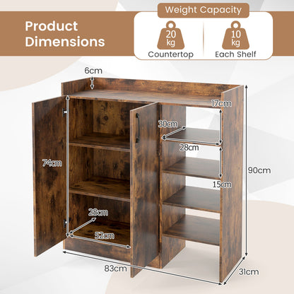 Shoe Storage Organizer with 2 Adjustable Inner Shelves and 4 Open Shelves-Rustic Brown