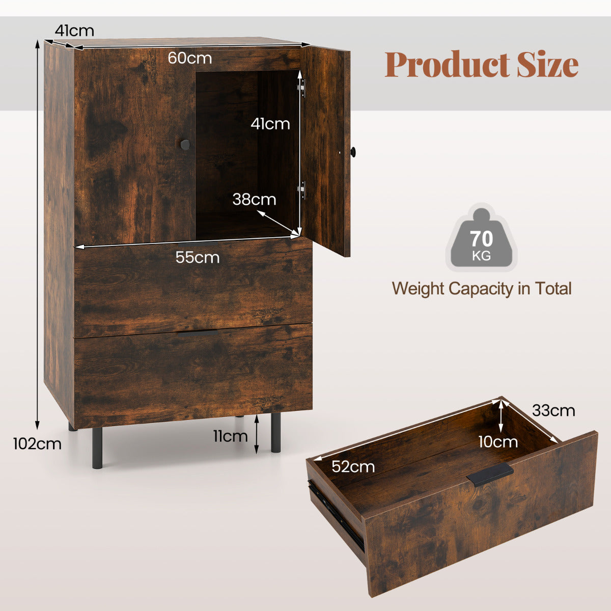 Sideboard Buffet Cabinet 2-Door Serving Cupboard Buffet Table Display Cabinet-Rustic Brown