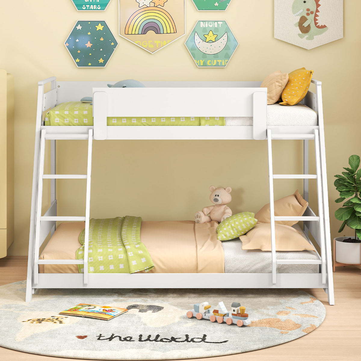 Single Over Double Bunk Bed with Ladders and Safety Guardrails-White