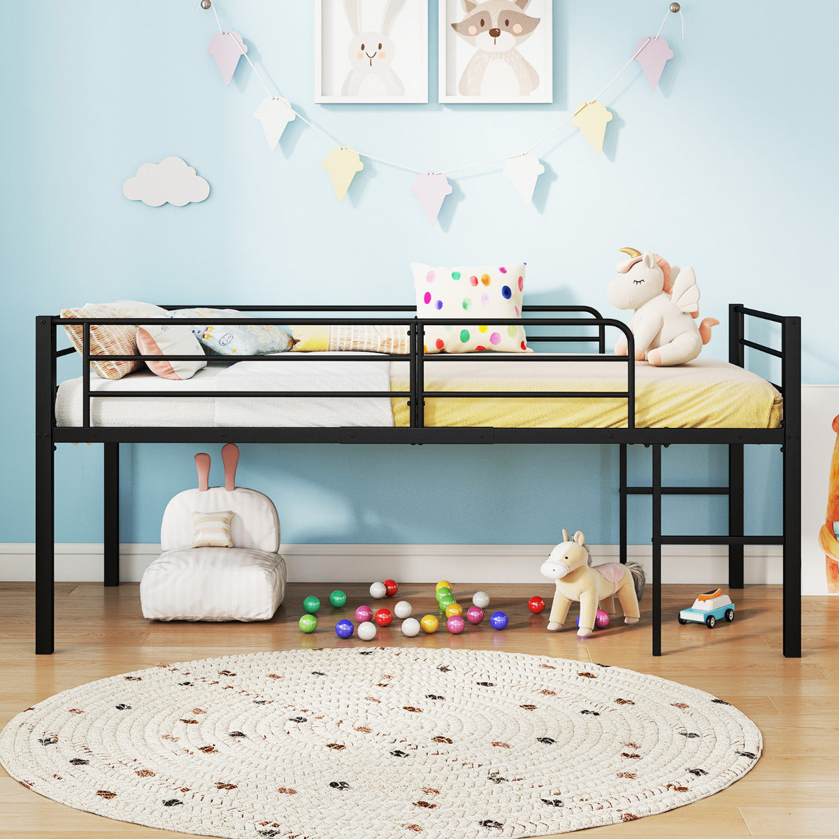 Single Size Low Loft Bed Metal Bed Frame with Safety Guardrails and 2 Ladders-Black