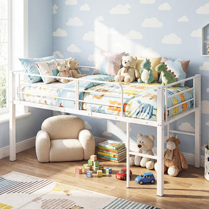 Single Size Low Loft Bed Metal Bed Frame with Safety Guardrails and 2 Ladders-White