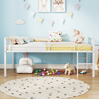 Single Size Low Loft Bed Metal Bed Frame with Safety Guardrails and 2 Ladders-White