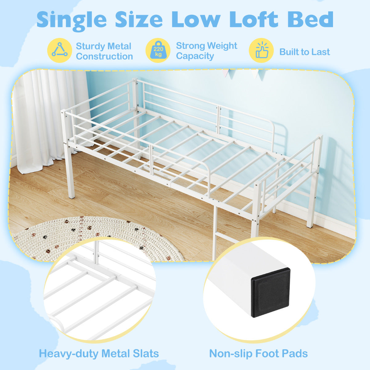 Single Size Low Loft Bed Metal Bed Frame with Safety Guardrails and 2 Ladders-White