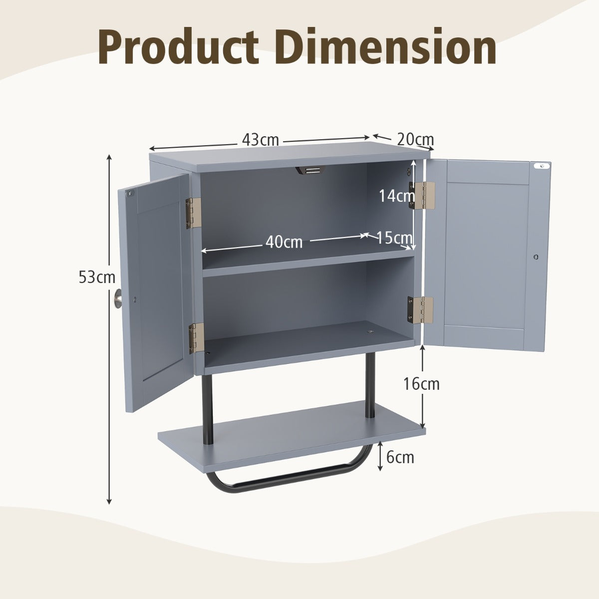 Bathroom Wall Cabinet with Double Door and Open Shelf and Towel Rack-Grey