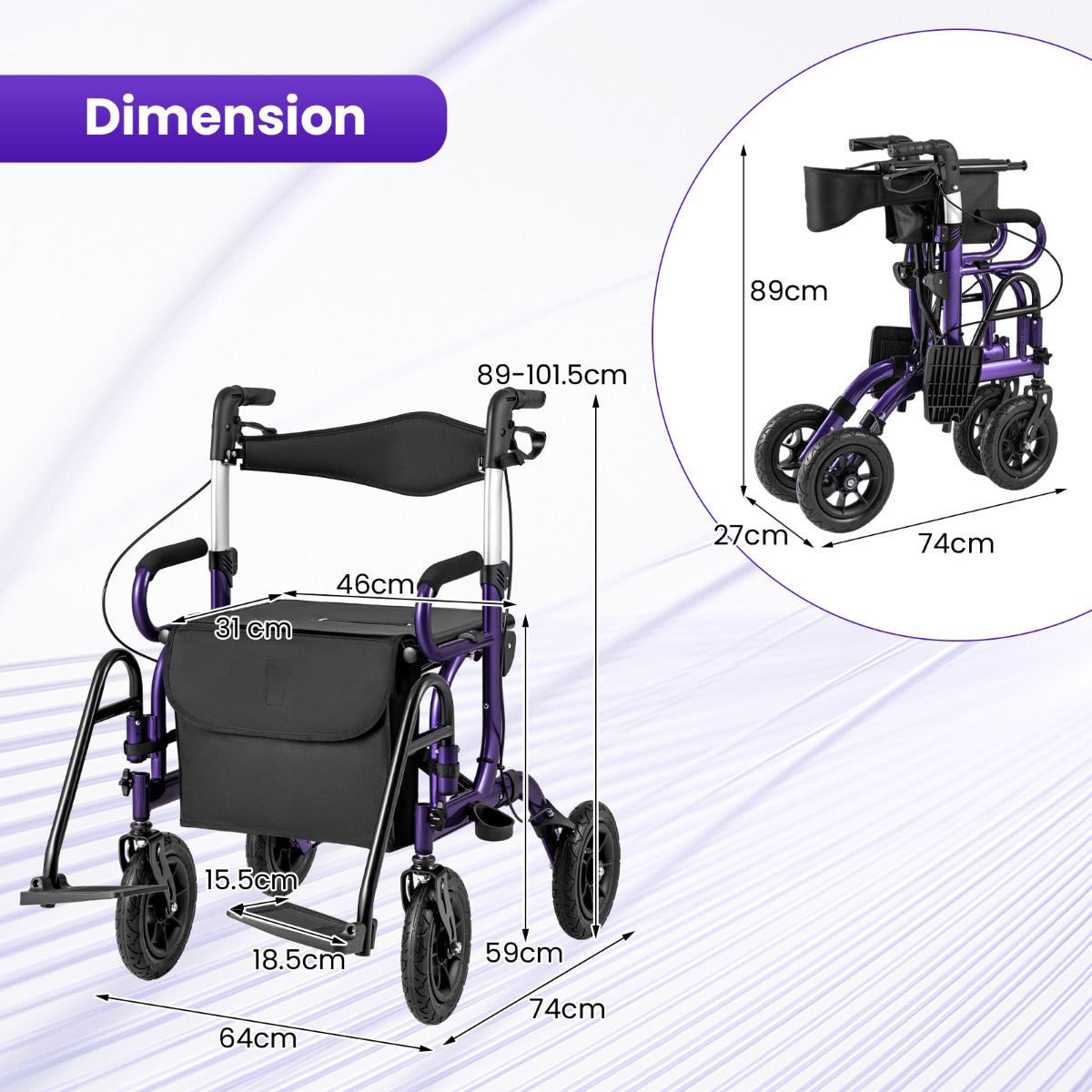 2-in-1 Foldable Rollator Walker with Seat and Pneumatic Tires for All Terrain-Purple