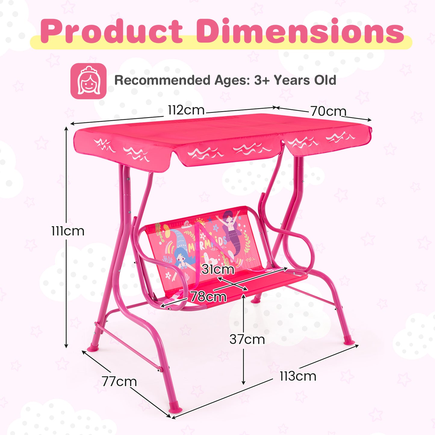2-Seater Kids Patio Swing Chair with Adjustable Canopy and Safety Belt-Pink