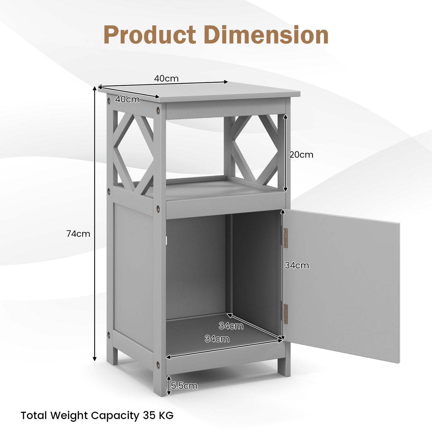Bathroom Floor Cabinet with Open Compartment and Single Door-Grey
