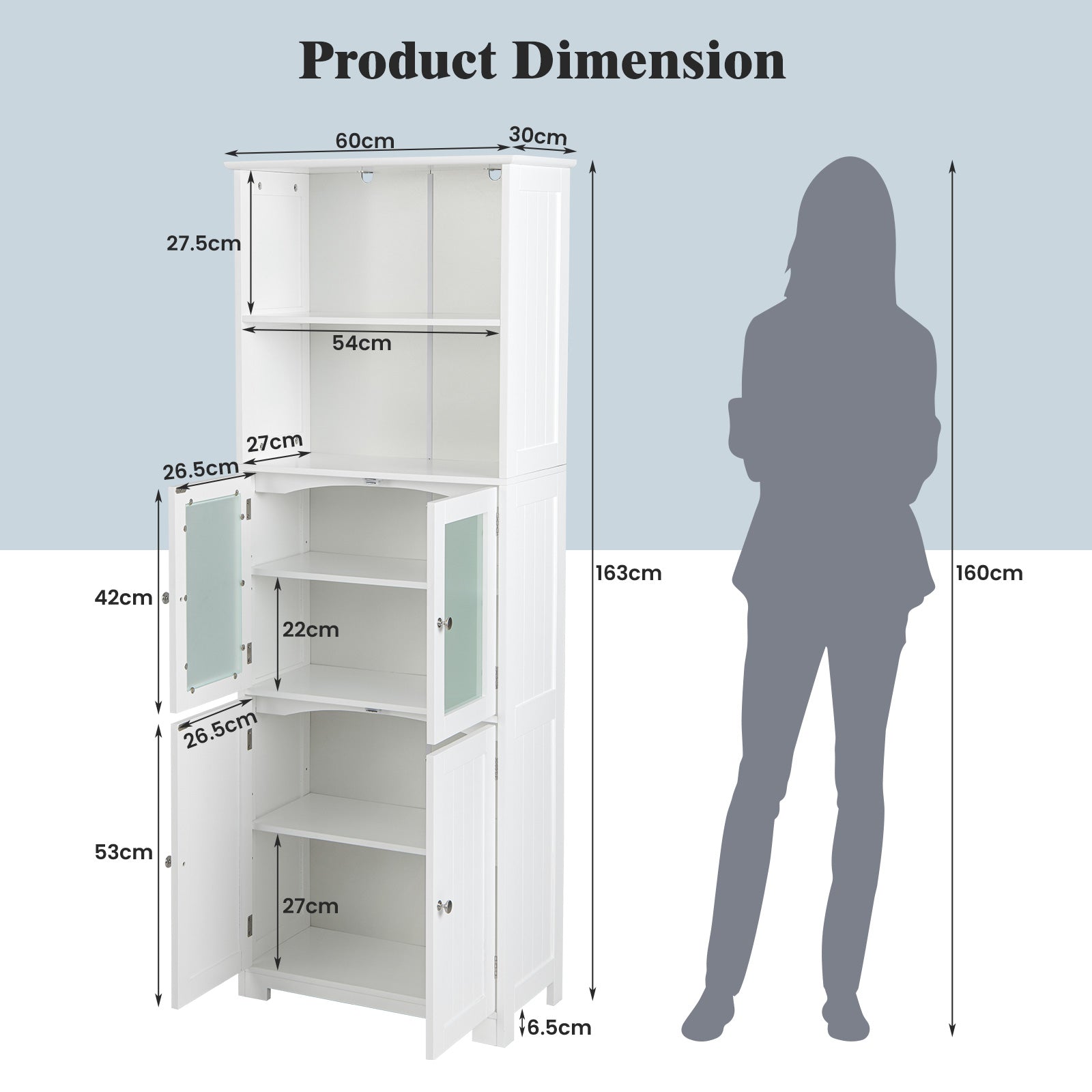 Freestanding Storage Cabinet with Tempered Glass Door and Open Shelves-White