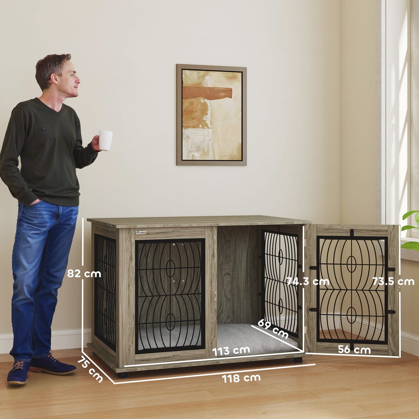 PawHut Dog Crate Furniture Table with Soft Washable Cushion and Lockable Door, for Large Indoor Dogs, Grey