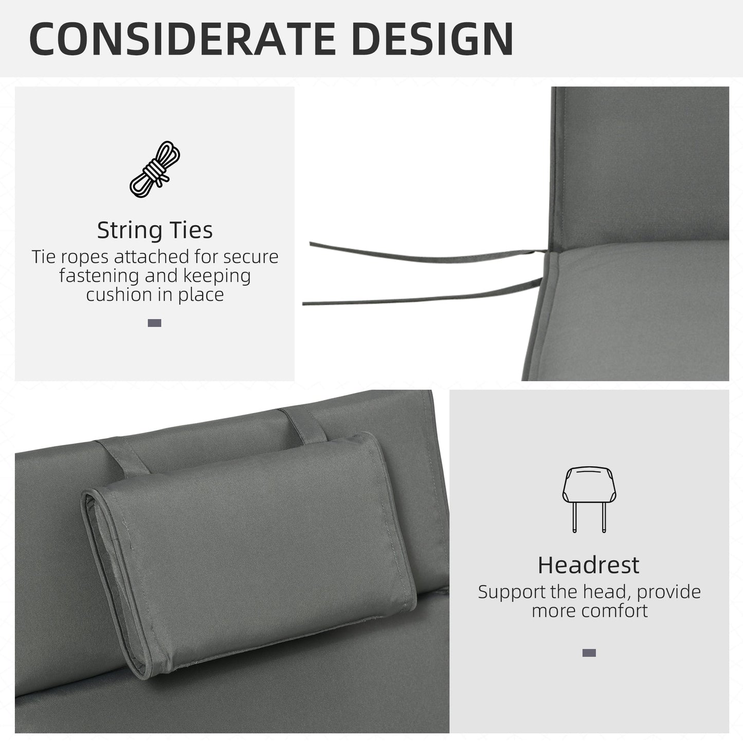 Outsunny Garden Sun Lounger Cushion Replacement Soft Sunbed Reclining Chair Relaxer Pad with Pillow, Cushion ONLY - Grey