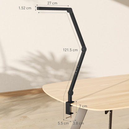 HOMCOM LED Desk Lamp, Dimmable Desk Light with Swing Arm and Clamp, Adjustable Eye-Caring Table Lamp with 2 Colour Modes & 5 Brightness Levels for Study, Drawing, Office, Architect, Task, Black