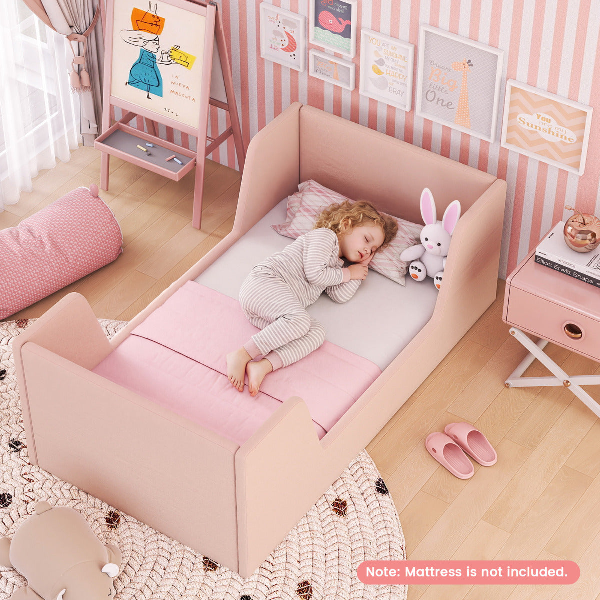 Soft Velvet Fabric Upholstered Children Floor Bed Frame-Pink