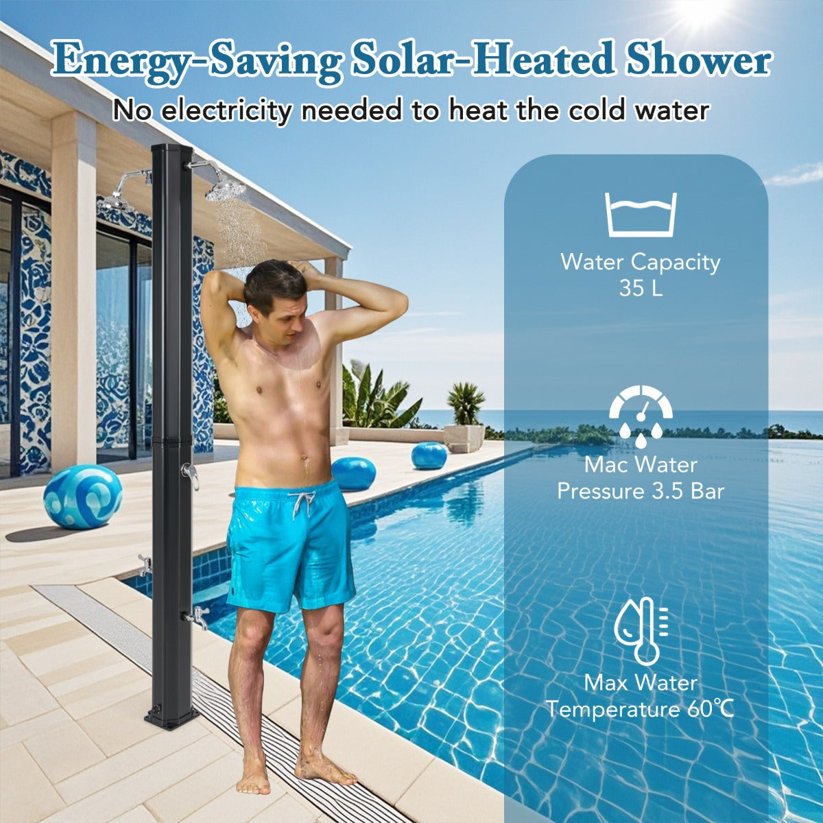 Solar Heated Shower with Dual Swivel Shower Heads-Black