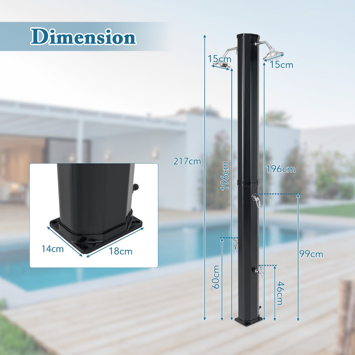 Solar Heated Shower with Dual Swivel Shower Heads-Black