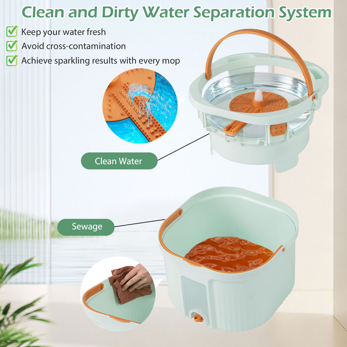Spin Mop and Bucket Set Separation Dirty and Clean Water System-Green