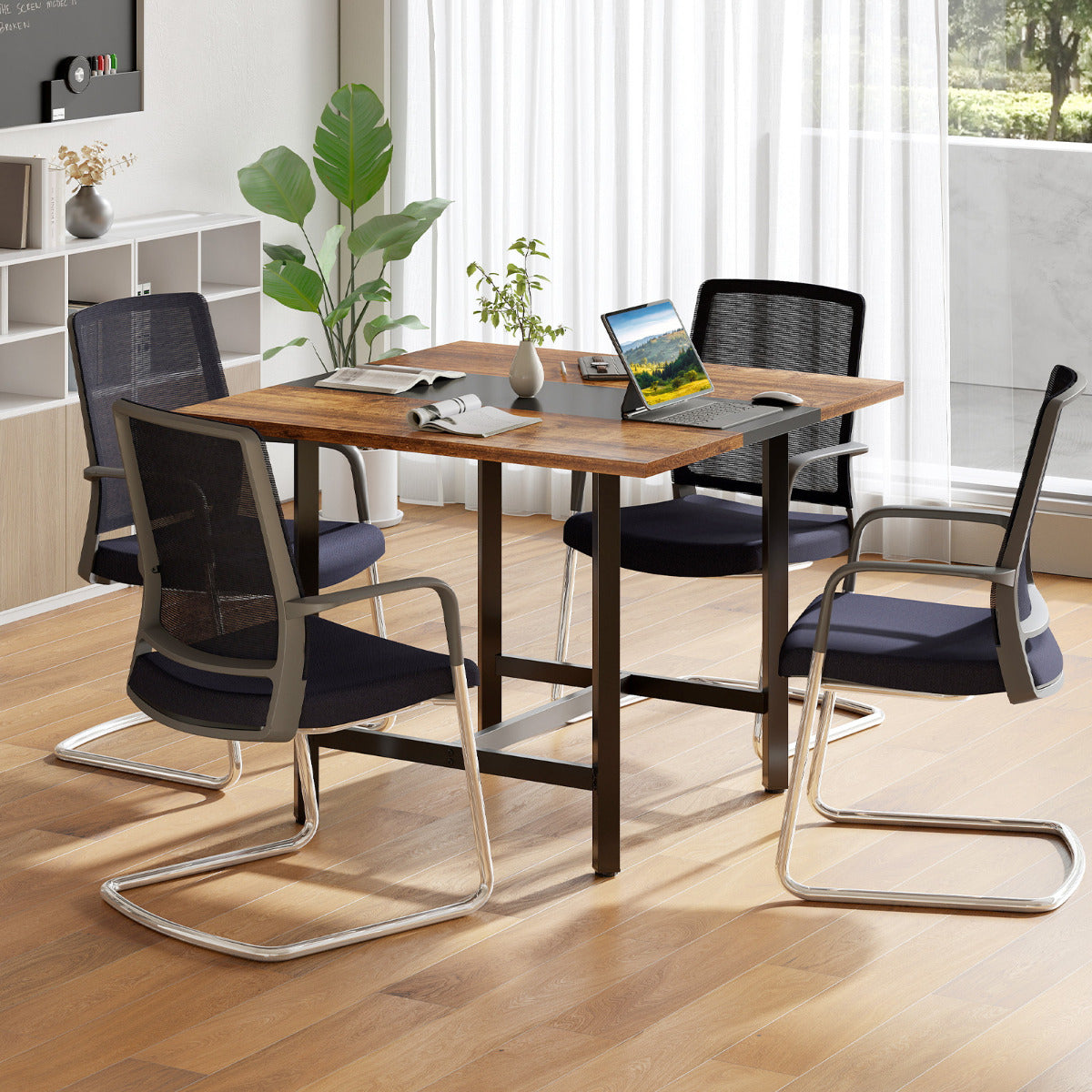 Square Conference Table Meeting Room Table with Thickened Tabletop-Rustic Brown