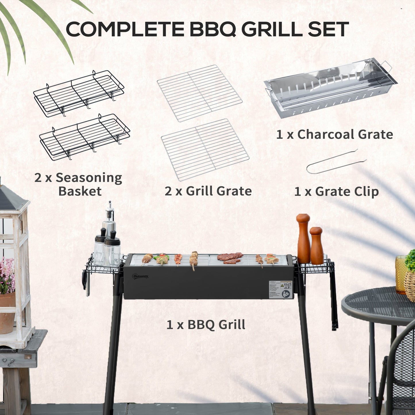 Outsunny Portable Charcoal BBQ Grill with Seasoning Baskets for Camping Picnic Hiking