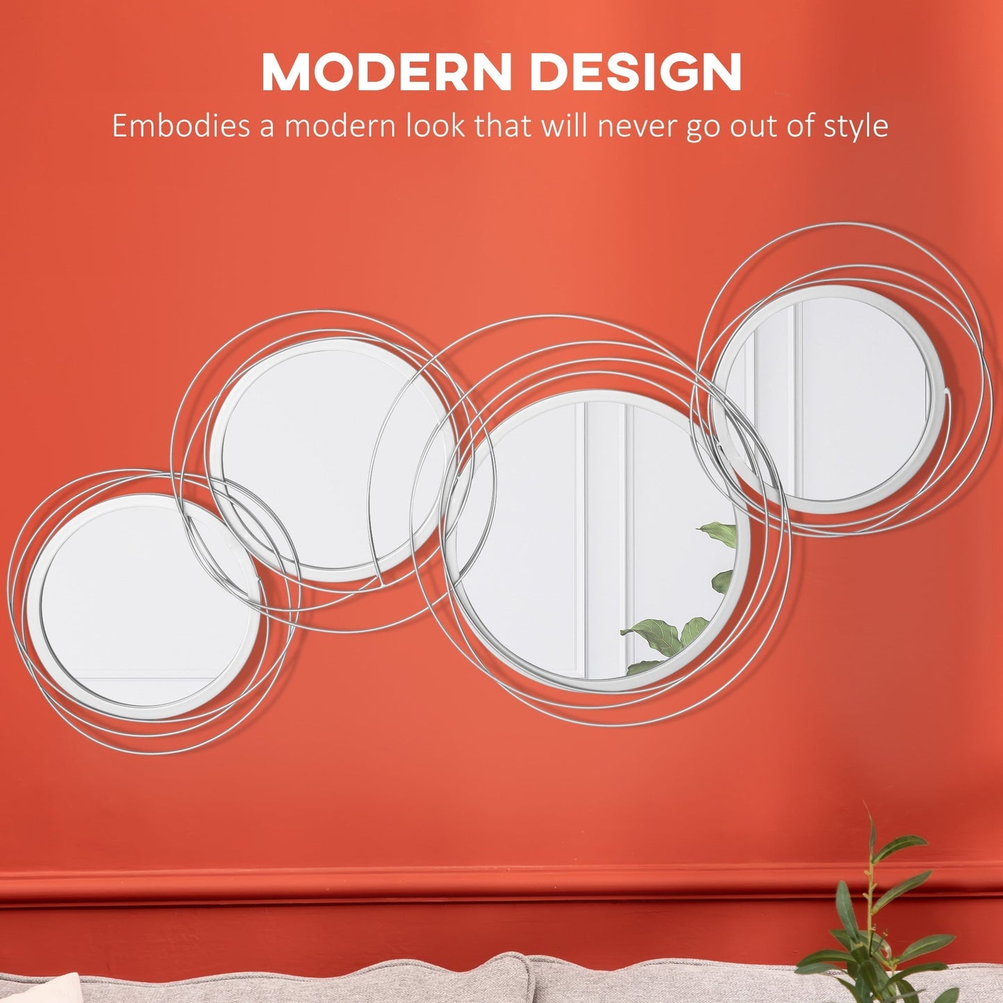 HOMCOM Metal Wall Mirrors, 107cm Modern Decorative Silver Mirror Decor Hanging, Home Wall Sculptures for Living Room Bedroom Dining Room