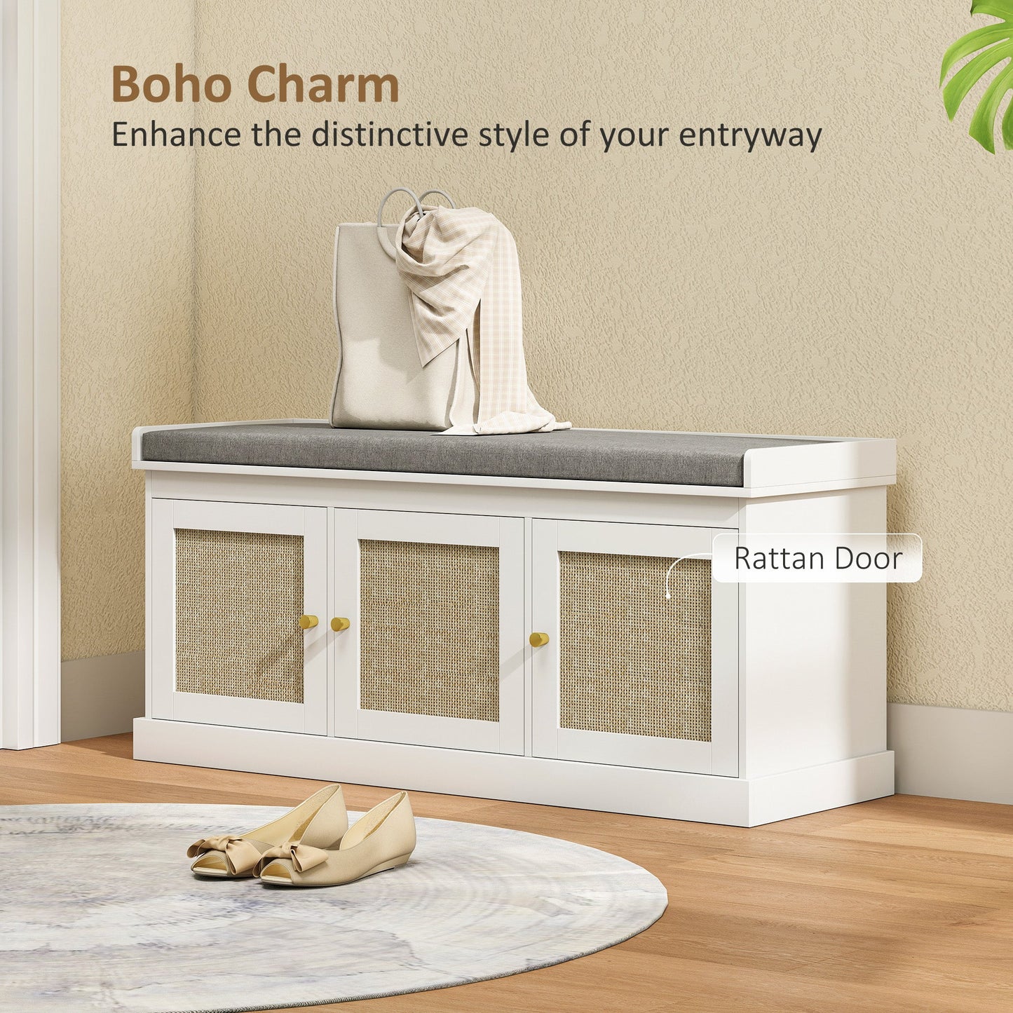 HOMCOM Shoe Storage Bench with Woven Rattan Doors, Seat - White