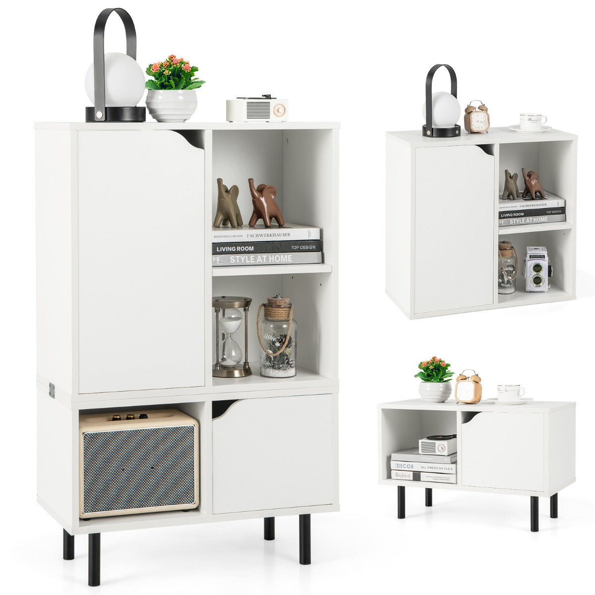 Stackable Bookcase with Adjustable Shelf and Cubes for Living Room Bedroom-White