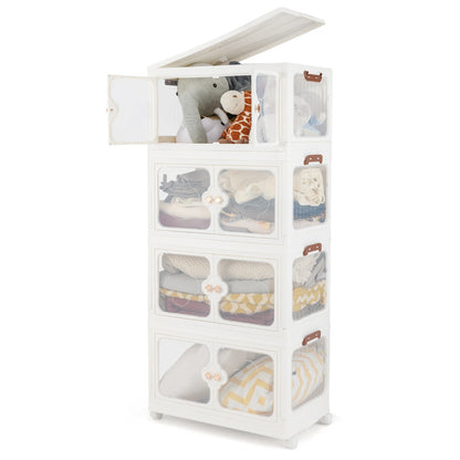 Stackable Storage Containers with Wheels and Lit-White-4-Tier
