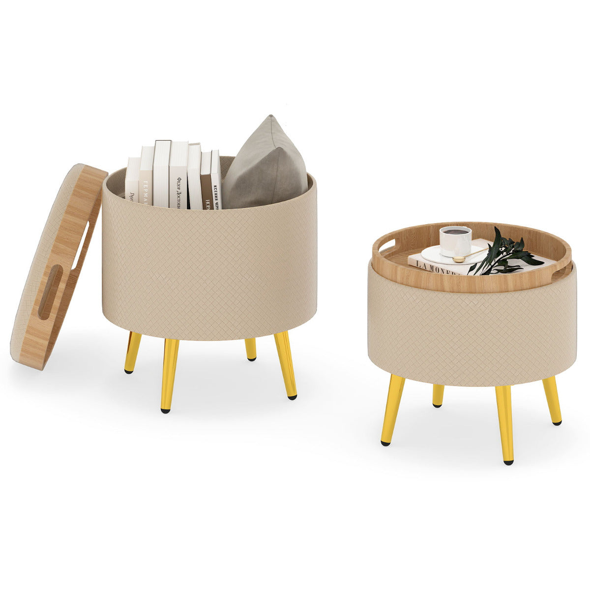 Storage Ottomans Set of 2 Leather Upholstered Round Footrests-Beige