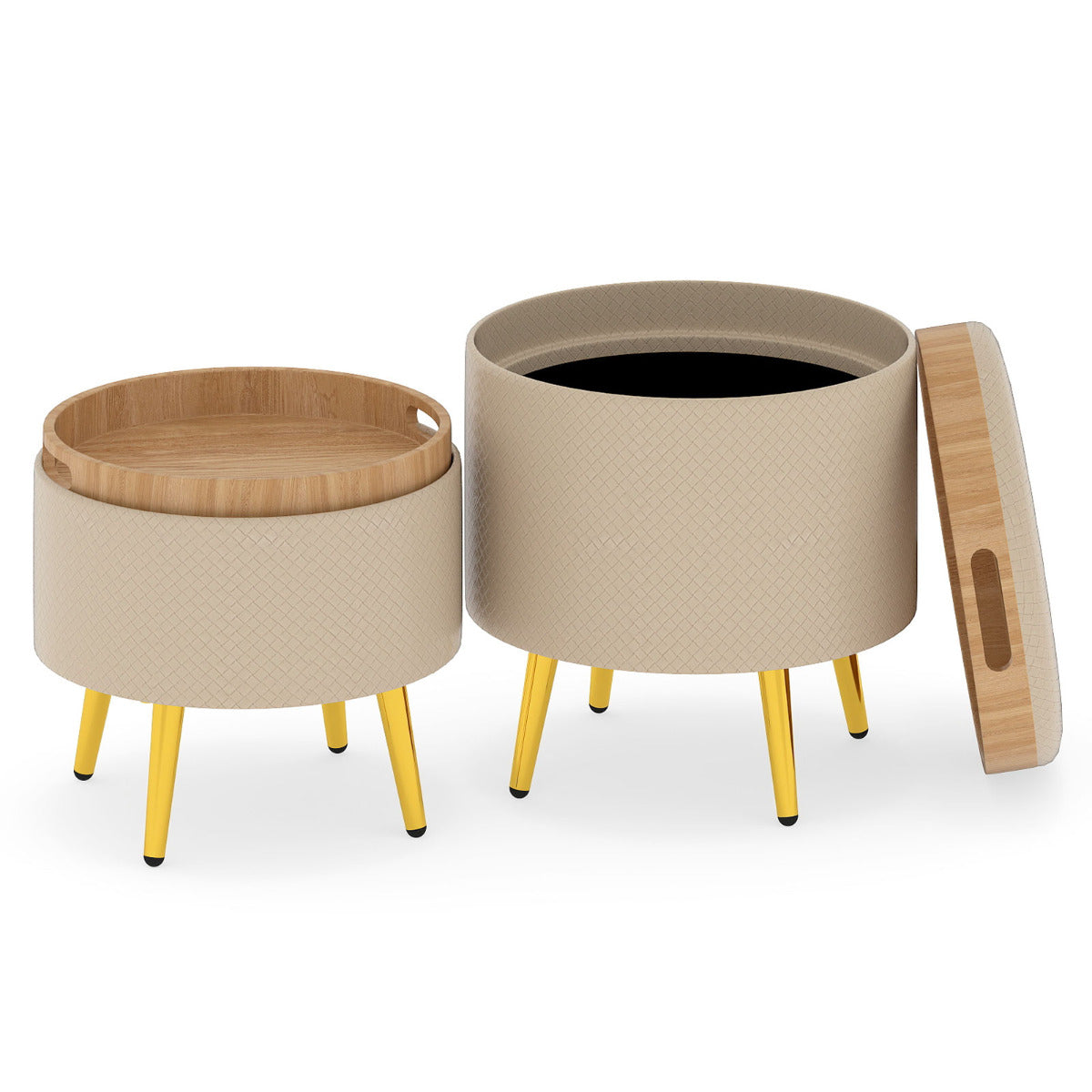 Storage Ottomans Set of 2 Leather Upholstered Round Footrests-Beige