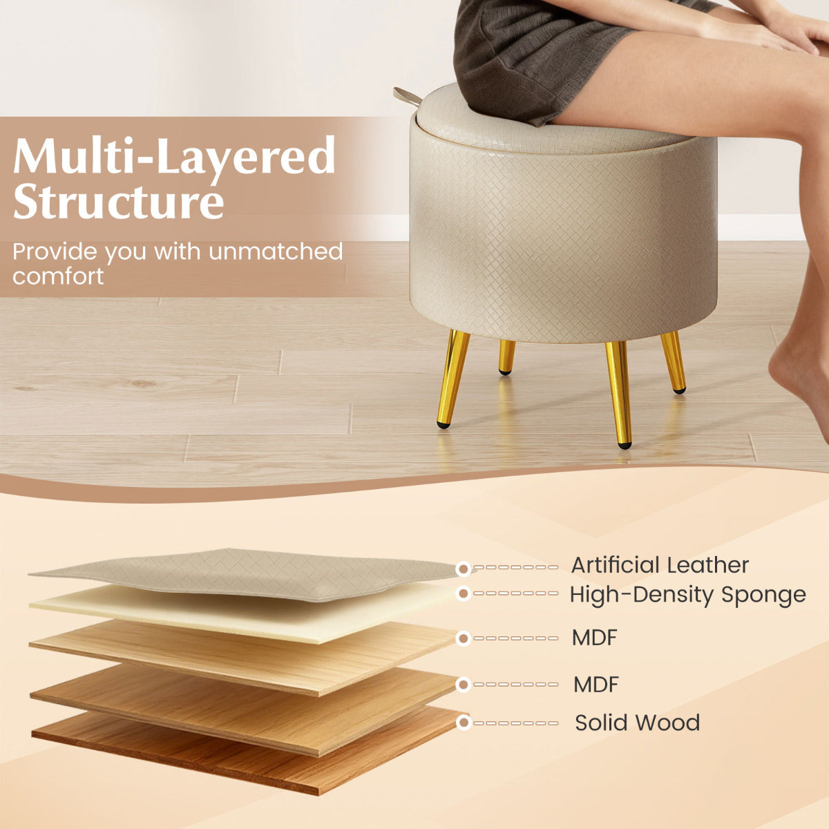 Storage Ottomans Set of 2 Leather Upholstered Round Footrests-Beige