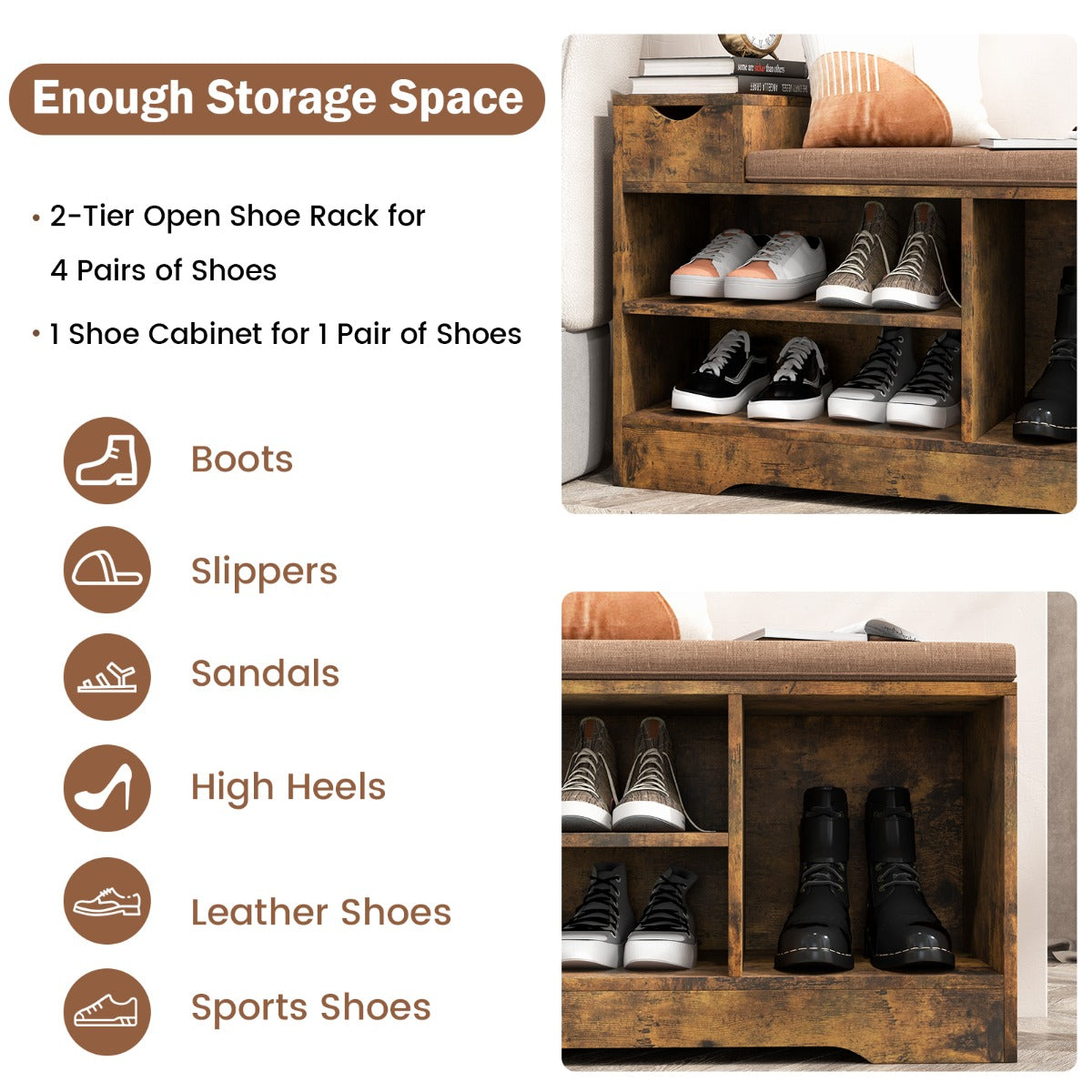Storage Shoe Bench with Removable Cushion-Brown