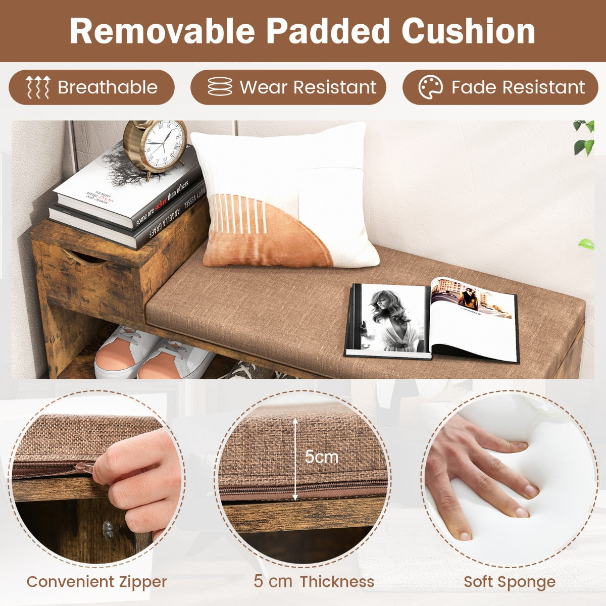 Storage Shoe Bench with Removable Cushion-Brown
