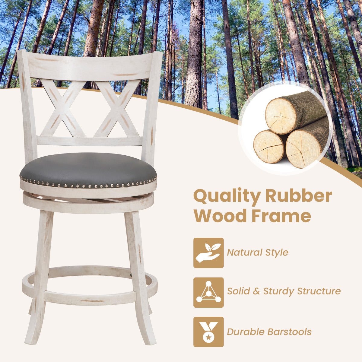 Swivel 64cm Hand-Antiqued Stool Set of 4 with Wider Padded Seat