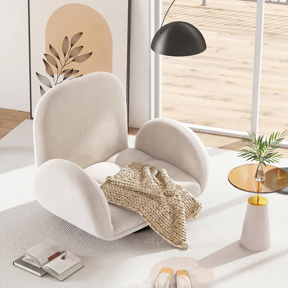 Swivel Floor Chair with Adjustable Backrest and Armrests-Beige