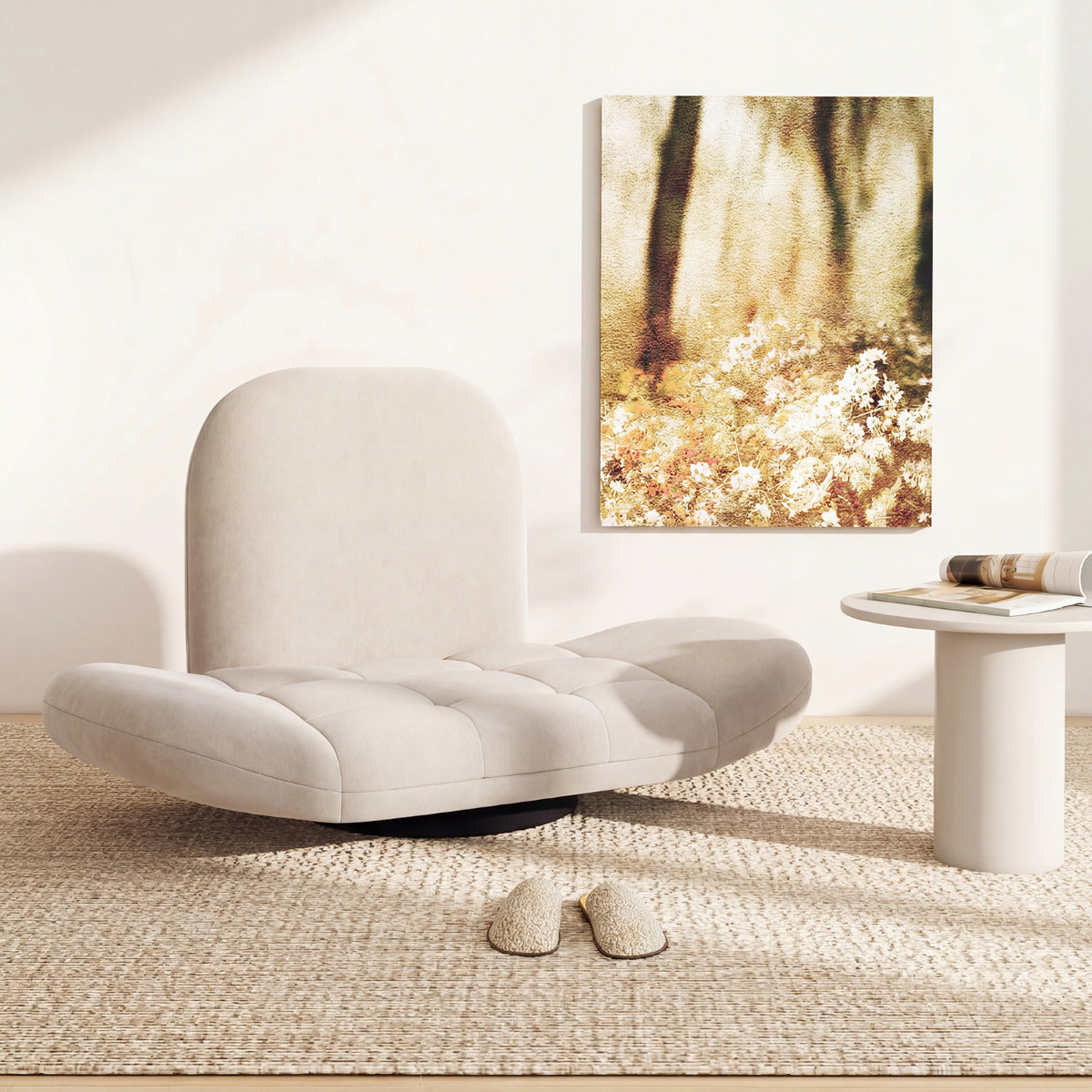 Swivel Floor Chair with Adjustable Backrest and Armrests-Beige
