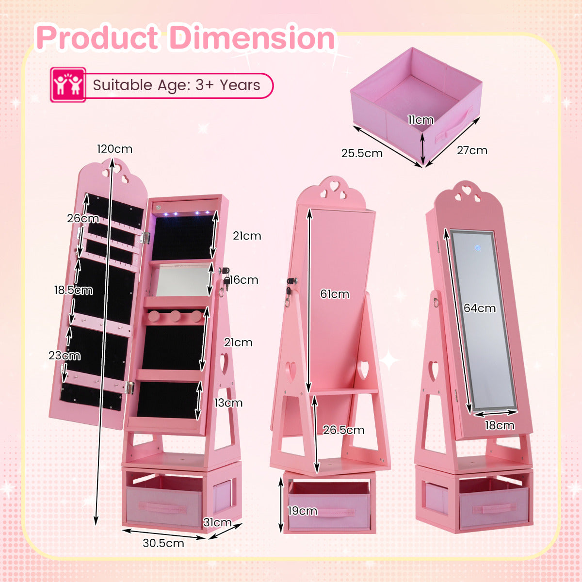 Swivel Kids Jewelry Cabinet with Full-Length Mirror and Lights-Pink